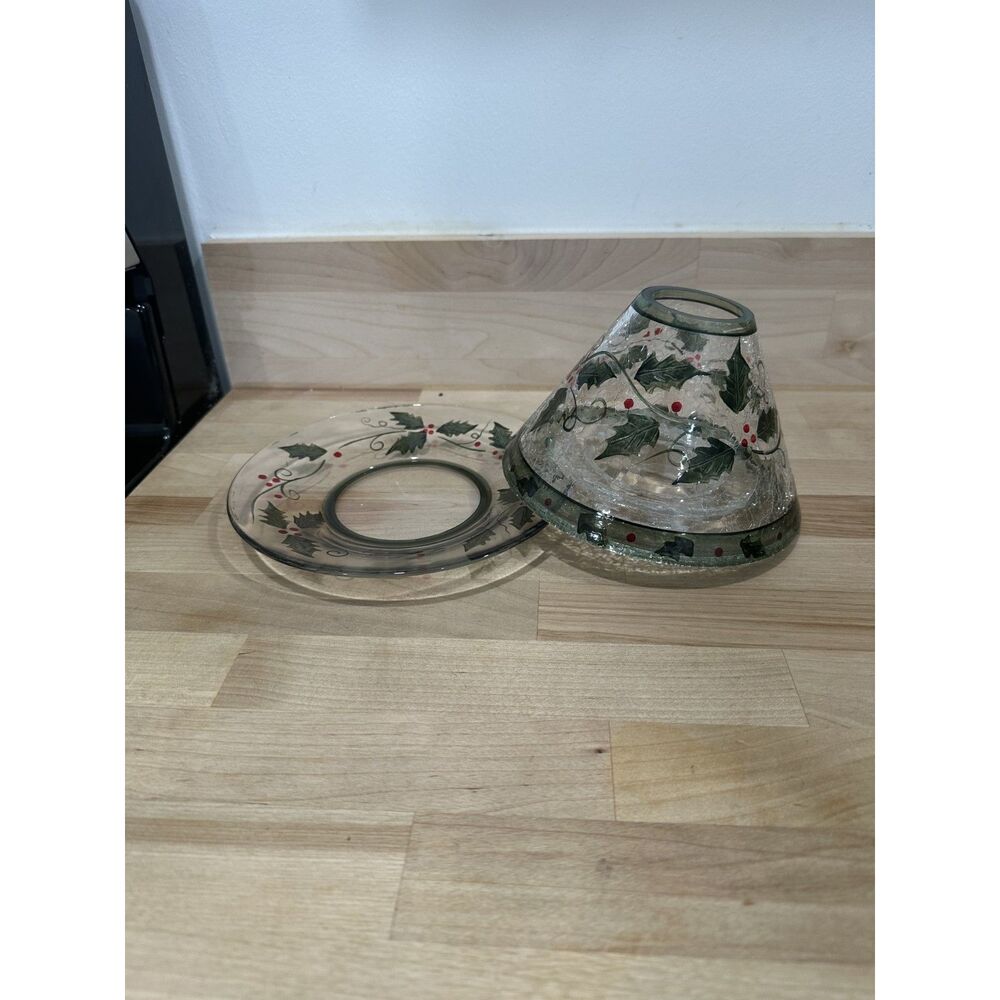 Christmas Holly Crackle Glass Candle Shade & Plate Set